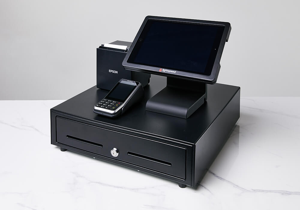 Lightspeed Kassensystem-Ständer mit Bondrucker, Kartenlesegerät und Kassenschublade